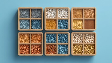 A wooden box filled with various colored nuts symbolizing portfolio diversification planner in a structured visual format