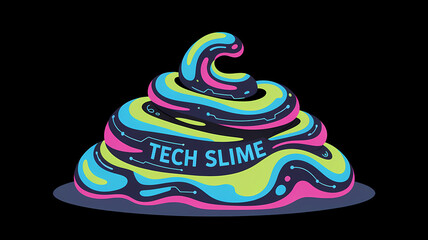  Abstract swirling tech slime with glowing neon colors and digital circuit patterns, flat art illustration.