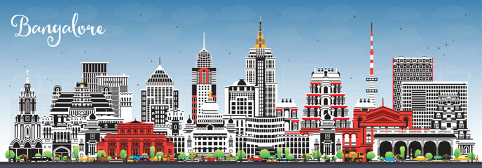 Bangalore India city skyline with color buildings and blue sky. Bengaluru cityscape with landmarks. Business travel and tourism concept with modern and historic architecture.