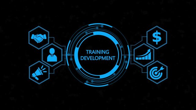 Business training development E-learning concept new business concept. Abstract technology virtual screen background. Hi tech motion graphic background, white flickering dots on background