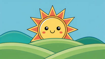 Cheerful cartoon sun shining over rolling green hills under a bright blue sky on a sunny day outdoors