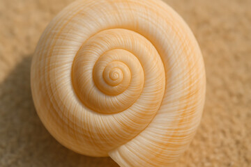 Close-up of a pale spiral snail shell with smooth ridges and detailed texture, showcasing the natural geometry and elegant design of its form.