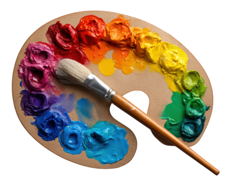 Colorful wooden artist palette paint brush rainbow round watercolor painting. vibrant wooden artist palette with thick rainbow paint and brush perfect for creative and artistic inspiration