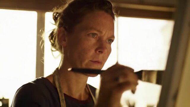 painter in a messy, sunlit studio, staring intently at their canvas before making a decisive brushstroke.