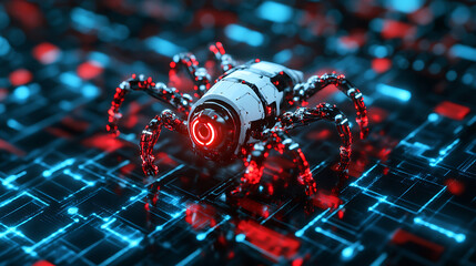 Red-and-white nanobot crawling across a digital lattice grid with precision 