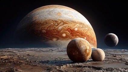 Giant gas planet, rocky moons, alien landscape