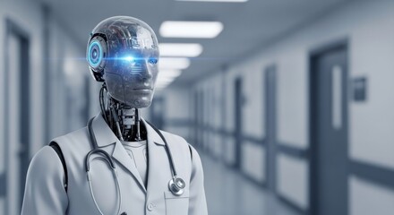 Medical humanoid robot in hospital corridor, glowing eyes