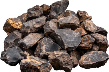 Crushed rocks arranged separately on a transparent background highlighting their texture and composition for use in various applications