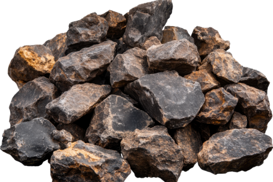Crushed rocks arranged separately on a transparent background highlighting their texture and composition for use in various applications
