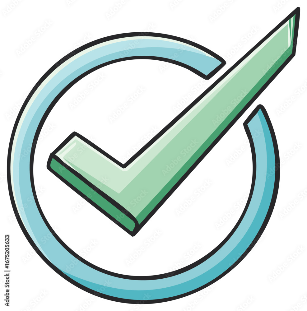 Poster green checkmark within a blue circle symbolizing confirmation or approval in a clean graphic style