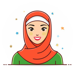 Smiling Muslim woman in a red hijab with stars vector illustration portrait