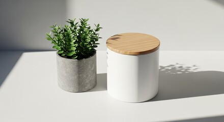 Minimalist arrangement plant pot & lidded container on white surface, sunlight