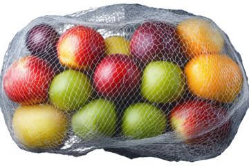Fruit wrap net waste featuring assorted apples and pears on a transparent background highlighting waste reduction efforts and environmental sustainability