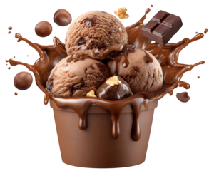 Chocolate ice cream fudge sundae dessert creamy sweet indulgent treat cup splash joyful delight in chocolate cup with melting chocolate and chocolate pieces