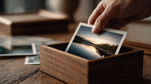Hand places  photograph of  serene lakeside landscape with reflections into  wooden keepsake box
