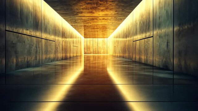 Modern architectural interior of a long empty hallway with warm golden ambient lighting.
