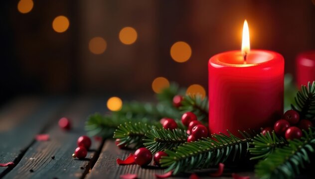 Red advent candle burning brightly against a festive Christmas background First advent , first advent, candlelight, warm - Powered by Adobe