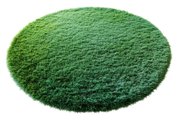 Round green carpet made of synthetic grass featured on a white background, suitable for both indoor and outdoor settings, providing a vibrant touch to home decor and style