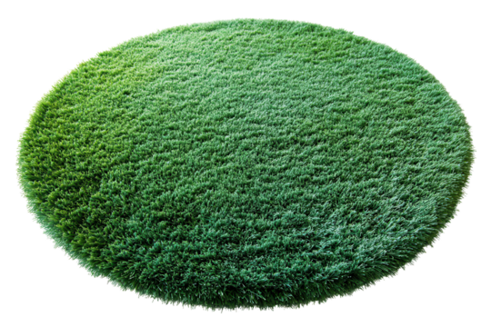 Round green carpet made of synthetic grass featured on a white background, suitable for both indoor and outdoor settings, providing a vibrant touch to home decor and style
