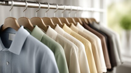 row of collared shirts in various pastel colors hangs neatly on wooden hangers against  softly blurred background