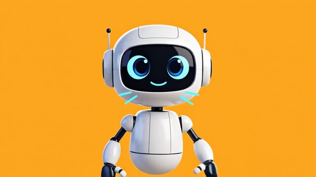 Friendly Robot Character Animation - A cute, white robot character with blue eyes gives a thumbs-up and waves against a bright orange background.