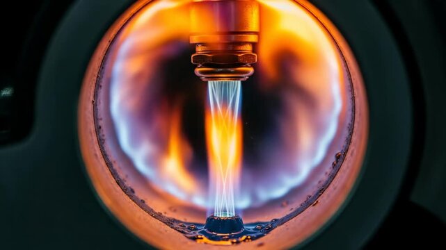 Fuel Injector Spraying Flame in Cylinder - Close-up view of a fuel injector spraying a fine mist into a cylinder, igniting with a vibrant orange and blue flame.