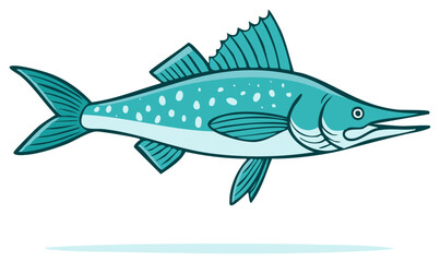 Fototapeta premium Stylized cartoon drawing of a swimming blue green spearfish with a spotted pattern