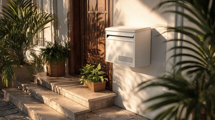 modern white mailbox mounted on  textured wall next to  wooden door with lush green potted plants on stone steps