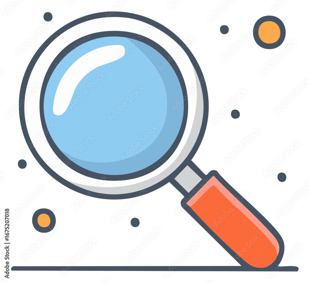 Poster magnifying glass exploring abstract dots and circles for discovery and research