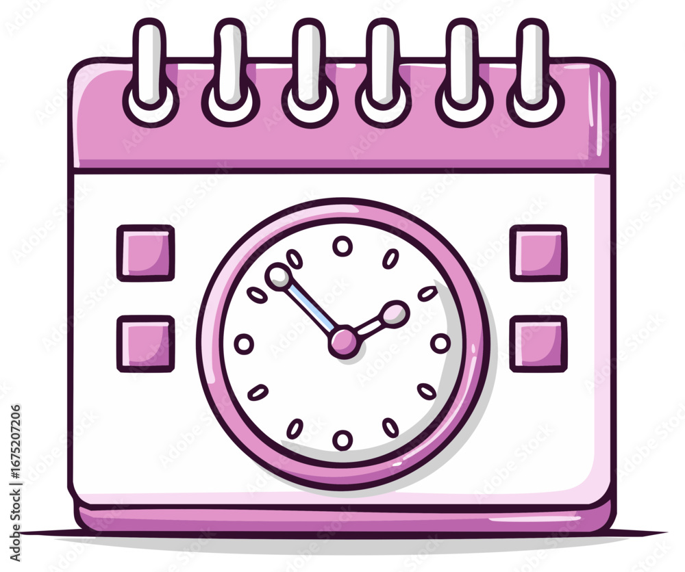 Poster illustration of a calendar with a clock, indicating time management and scheduling.