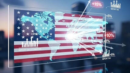 US Global Trade Growth - A futuristic digital display shows the US flag overlaid with a world map, indicating economic growth with percentage increases and upward-trending import tax graphs. - Powered by Adobe