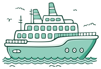 Obraz premium Cruise Ship Cartoon Illustration Aqua Marine Ocean Liner Boat with Waves