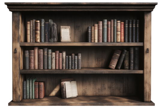 Old wooden bookshelf filled with various hardcover books and a decorative item on a transparent background for design projects - Powered by Adobe