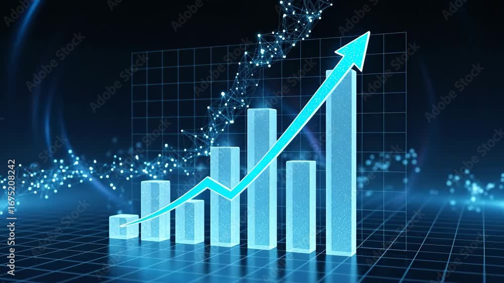 Poster glowing blue growth chart - a 3d video of a glowing blue bar graph showing upward growth, accented b
