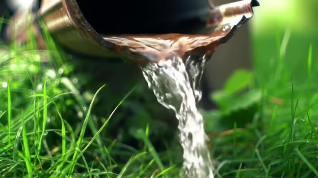 Water flows from a weathered copper gutter onto lush green grass.