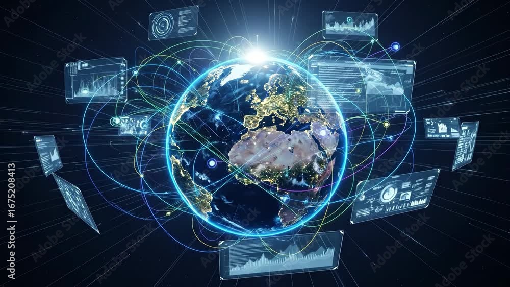 Poster global network and data visualization - a digital visualization of the earth at night, illuminated c