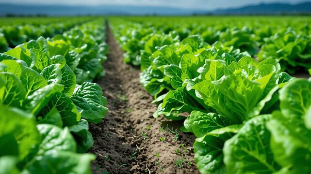 Lush green lettuce growing in agricultural field under blue sky