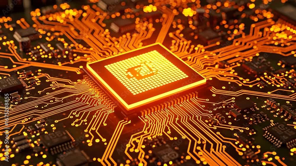 Aufkleber glowing orange circuit board with central processor - close-up view of a circuit board with a centra