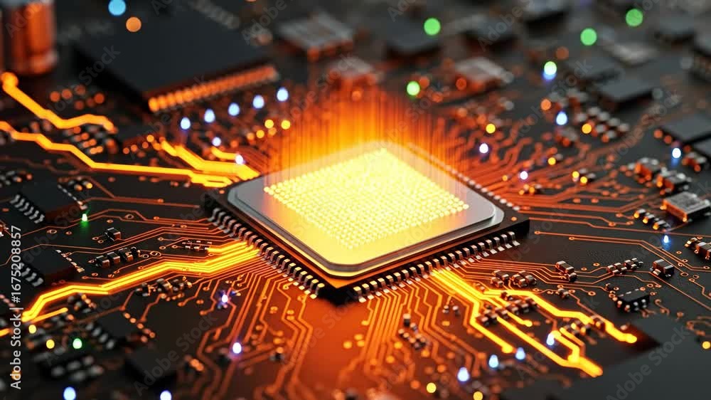 Aufkleber glowing orange circuit board with central processor - close-up view of a circuit board with a centra
