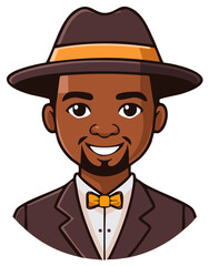 Stylish cartoon portrait of a smiling Black man wearing a fedora, bow tie, and suit