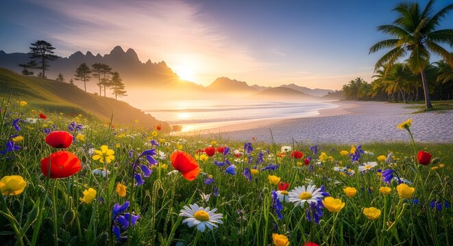 Beautiful Colorful Wildflowers on Tropical Beach at Sunrise
