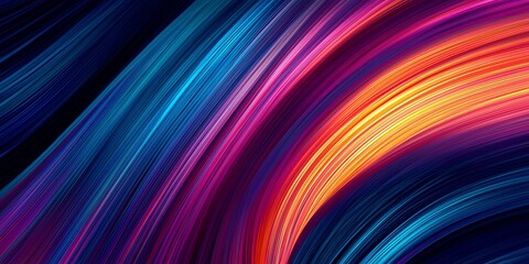Vibrant abstract lines in shades of blue, pink, and orange creating dynamic movement.