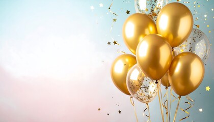 Elegant celebratory arrangement featuring golden balloons and sparkling confetti backdrop