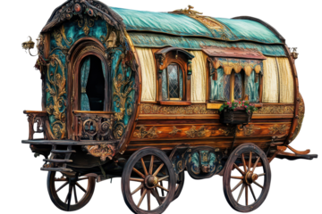 Colorful vintage caravan with ornate details parked on a grassy area, showcasing its intricate craftsmanship and historical charm in a serene outdoor setting