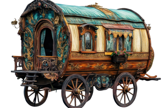 Colorful vintage caravan with ornate details parked on a grassy area, showcasing its intricate craftsmanship and historical charm in a serene outdoor setting