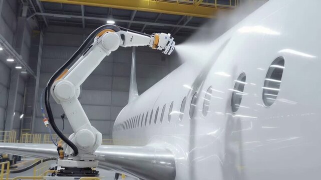Advanced automation in the aerospace industry showing a robotic arm precisely painting a new aircraft fuselage in a factory