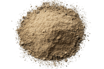 Sand heap viewed from above showcasing fine texture and organic shapes isolated against a white background