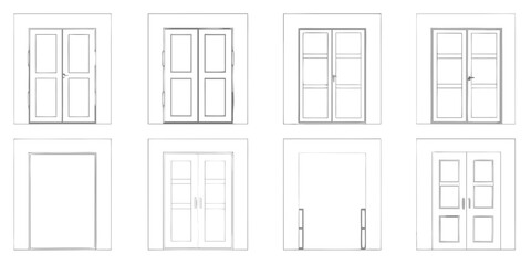 Collection of various architectural door and window designs in a clean line art style