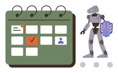 Robot holding shield next to calendar with event highlights and task icons. Ideal for scheduling, automation, digital planning, data protection, AI defense, productivity, futuristic themes. Simple