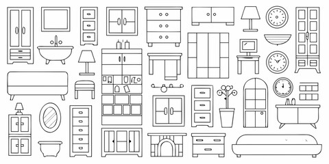 Collection of outline furniture and home decor items including cabinets drawers sofas bathtubs lamps clocks and mirrors